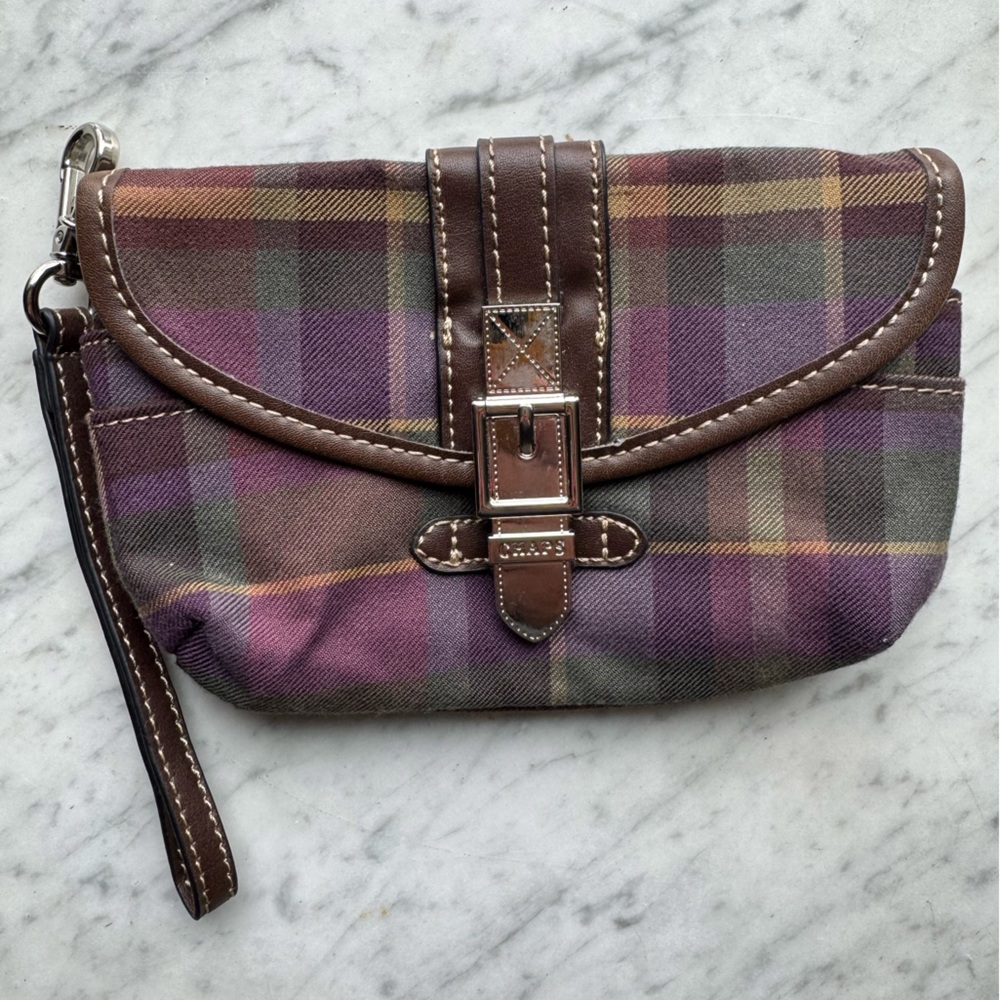 Chaps Plaid Clutch with Brown Leather Trim